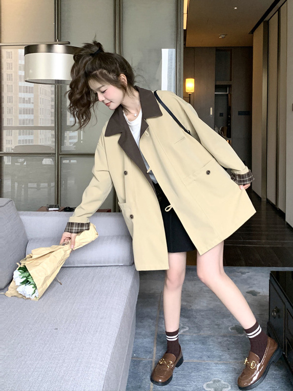 Designed Contrasting Color Windbreaker Jacket for Women, Autumn and Winter New Korean Style Loose Casual Tops for Small People