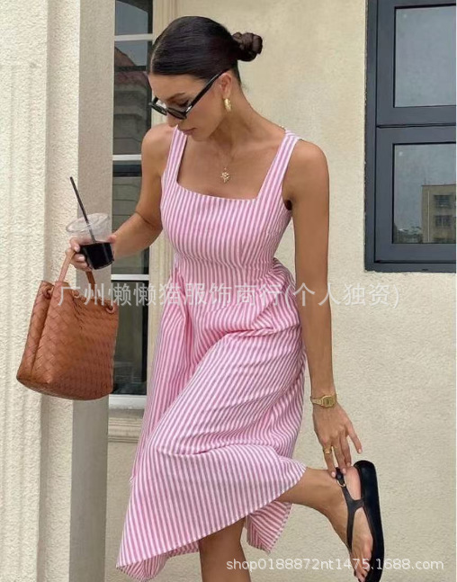 2025新款欧美跨境亚马逊女士条纹无袖时尚休闲连衣裙|undefined