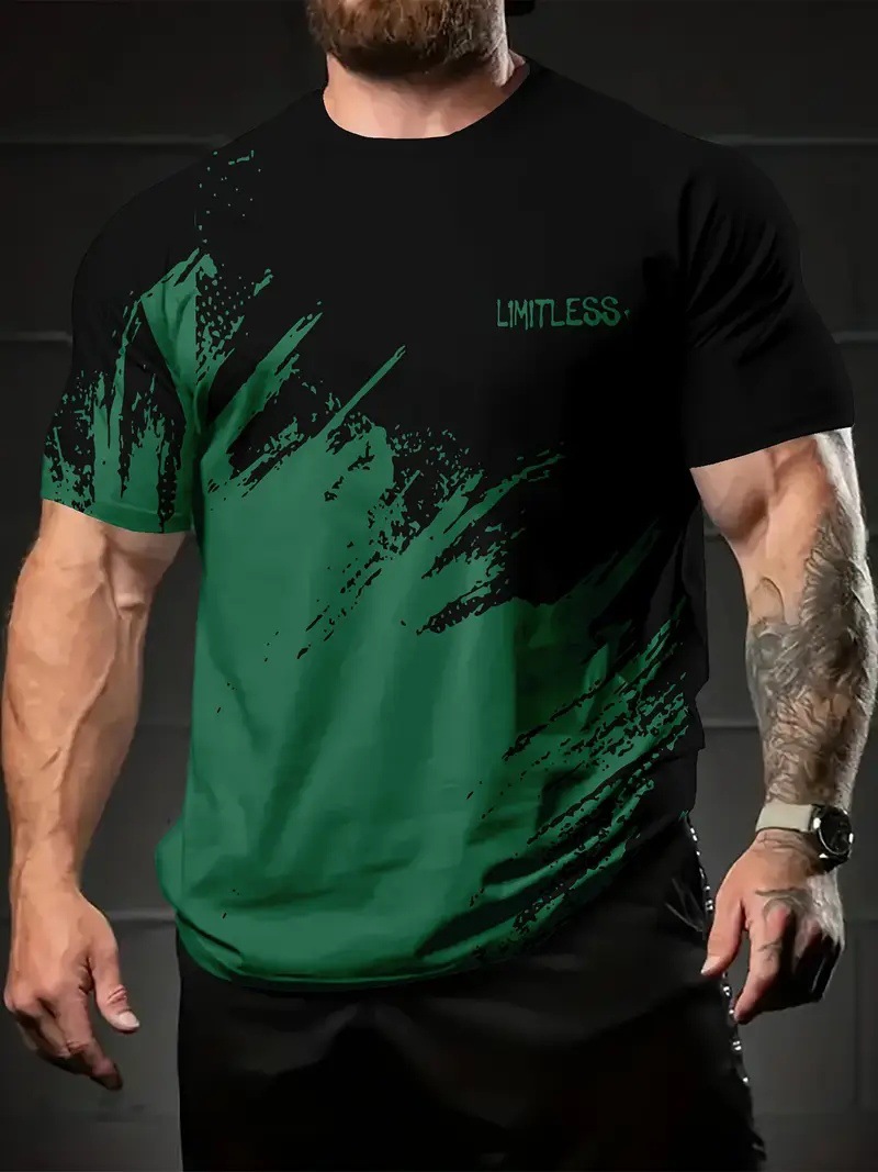 Personalidad calle alta color de contraste lema estampado 3D hombre verano casual todo fósforo ancho ancho hombro recto camiseta de cuello redondo de manga corta