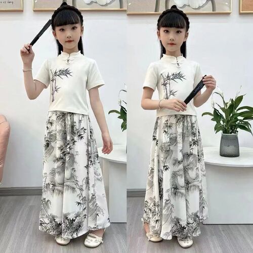 Girls '2026 new summer suit, middle-aged children's summer dress, national style, foreign style, Chinese style, short-sleeved two-piece set, trendy style