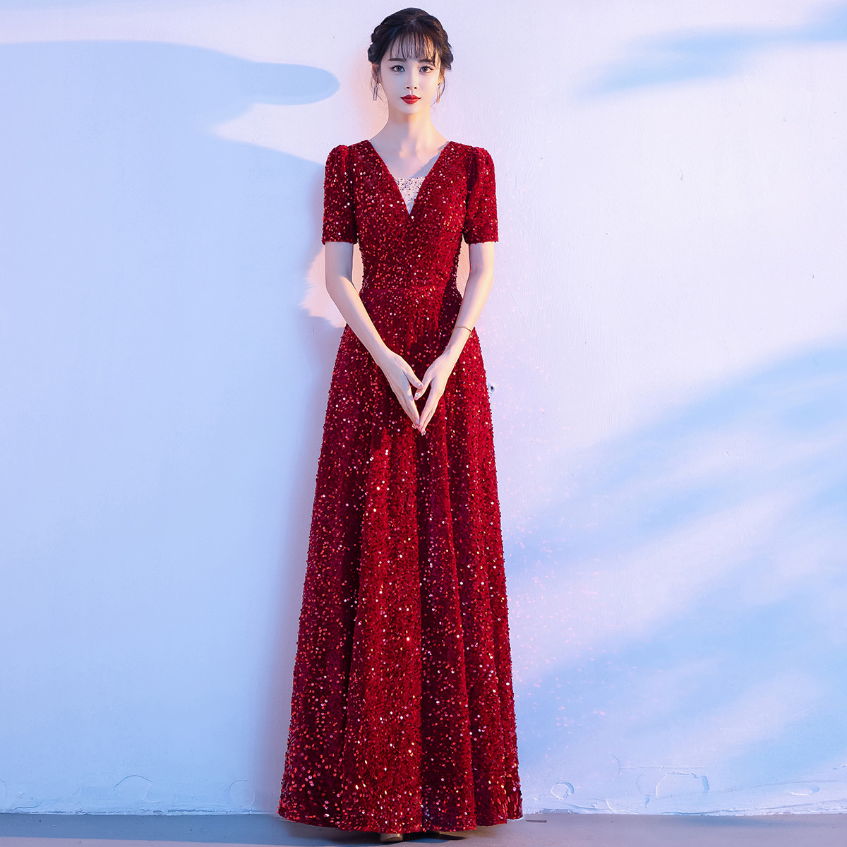 Chorus Costume Female wine red Long Dress Red Song Dress Chorus Costume Competition Conductor Performance Costume