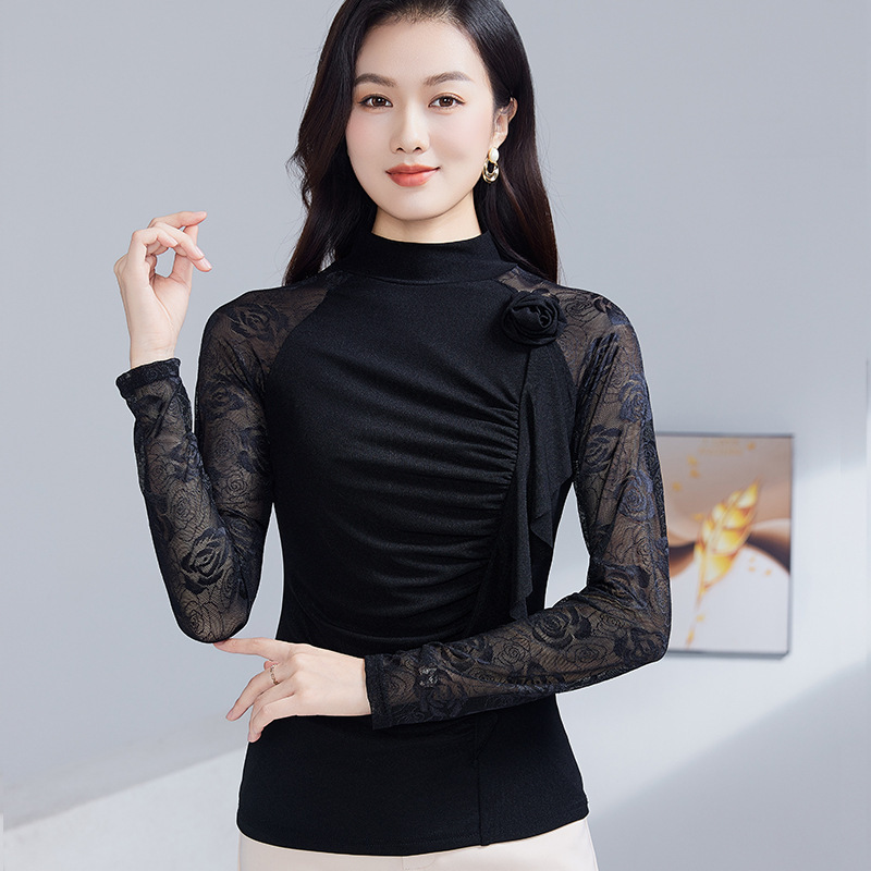 秋装蕾丝长袖拼接小衫女上衣设计感荷叶边洋气半高领打底衫女潮|undefined