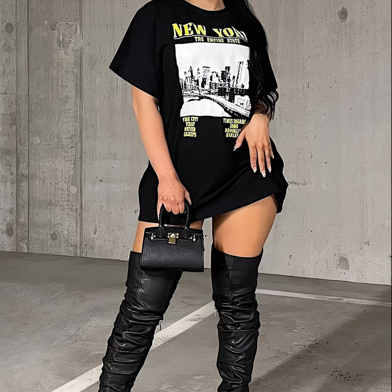 Cross-Border European and American Style New York New York City Street Scene Letter Print Loose Short-Sleeve Mid-Length T-Shirt Dress