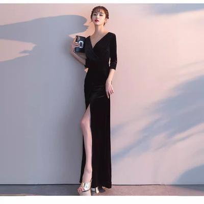 丝绒晚礼服女2024春季新款气质优雅伴娘团大气宴会名媛连衣裙女