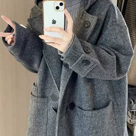 韩系高级感灰色牛角扣毛呢子大衣中长款秋冬季宽松气质外套女装