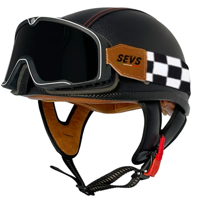 men's and women's half helmet, Motosiklet kaskı (dəbilqə) - black-and-red-line-leather-helmet-rice-frame-goggles-m