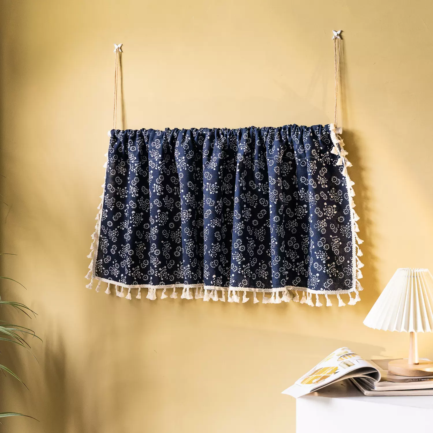 日本深蓝色复古民宿装饰门帘棉麻布艺短帘小窗帘流苏书柜遮挡隔断