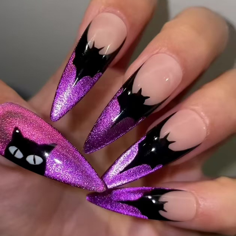 Halloween Foreign Trade Fake Nail Wearing Armor Fake Nail Purple Bat Removable Nail Pieces Simple Nail Patch