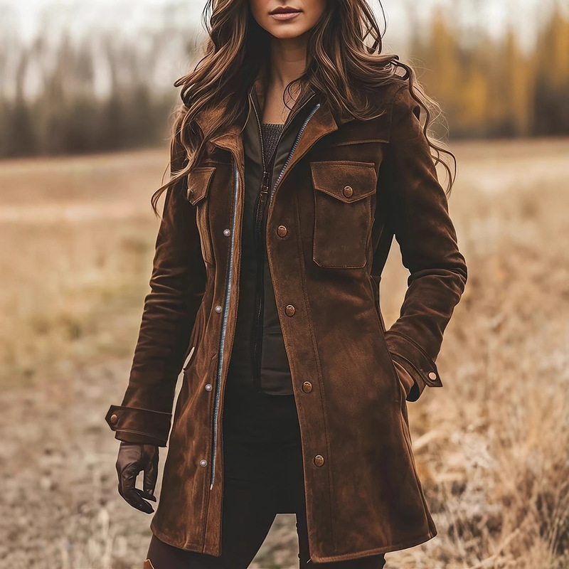 Cross-Border Autumn and Winter Retro Jacket for Women, Brown Suede Casual Jacket with Lapel, Warm and Stylish Mid-Length Coat Cross-Border Autumn and Winter Retro Jacket for Women, Brown Suede Casual Jacket with Lapel, Warm and Stylish Mid-Length Coat
