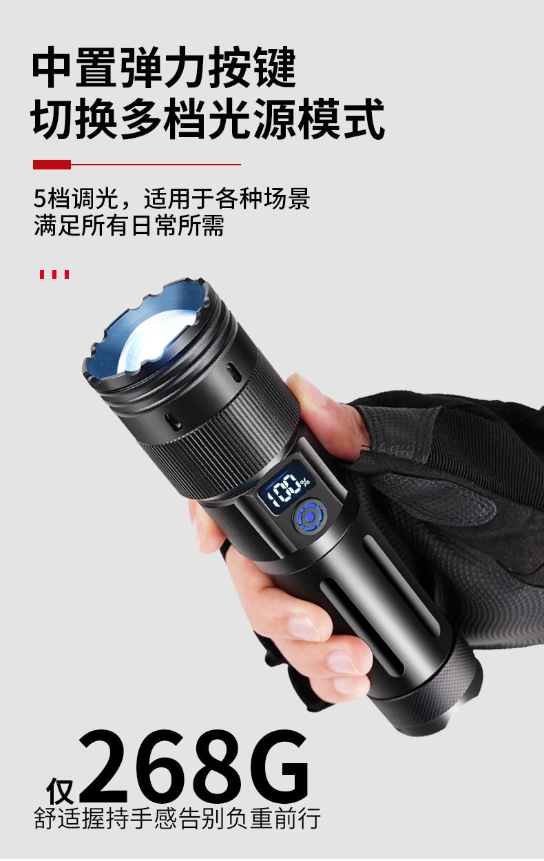 6 New High-Intensity Flashlights, Ultra-Bright, Large-Capacity, Military-Grade, High-Power, Rechargeable, Outdoor, Small and Portable