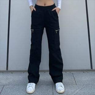 Trendy Women's Pants Cross-Border Ins Trendyy Cargo Pants Flap Pocket Pants Zipper Pants Street Loose Straight Pants Floor-Length Pants