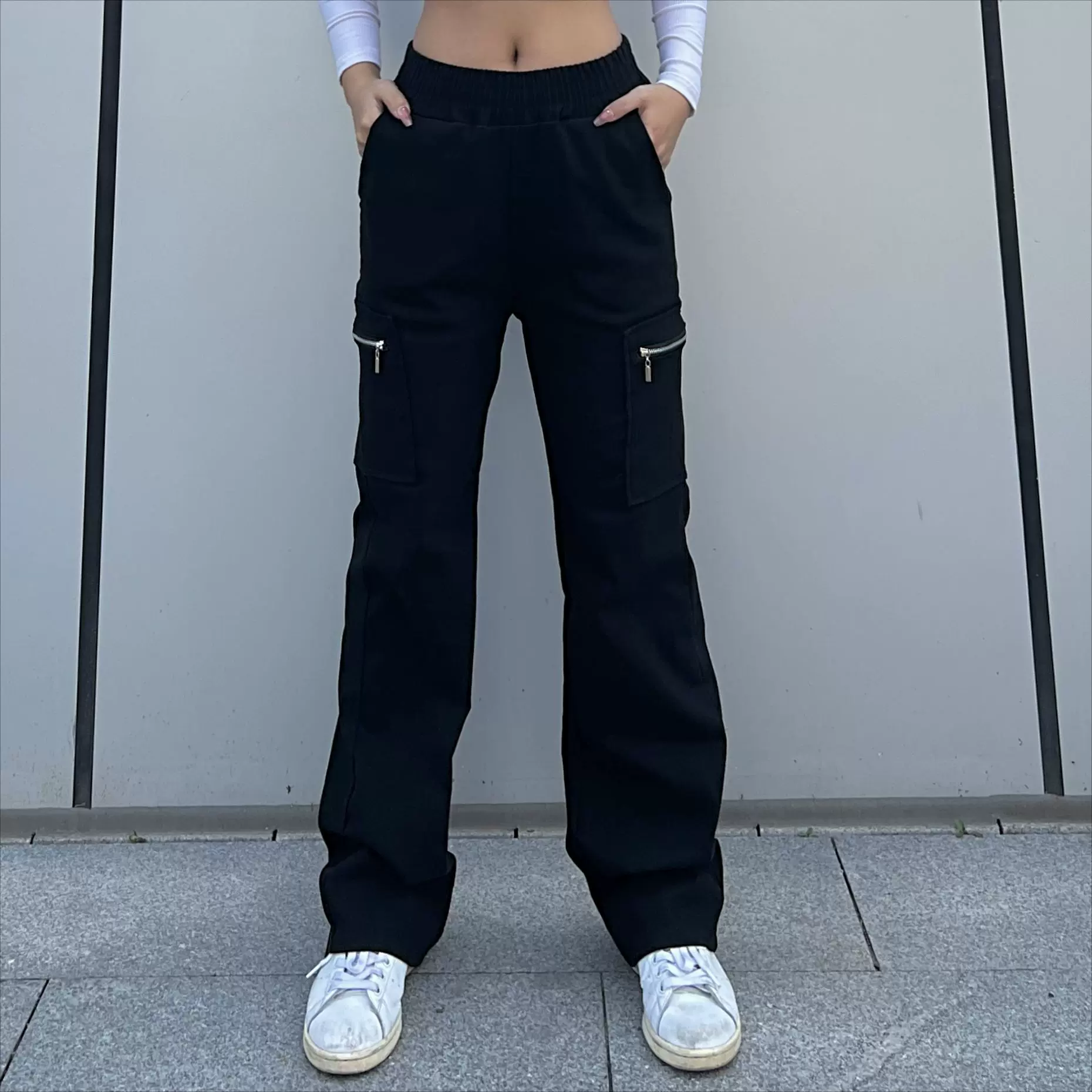 潮流女裤跨境ins潮流工装裤口袋拉链长裤街头宽松直筒裤拖地长裤