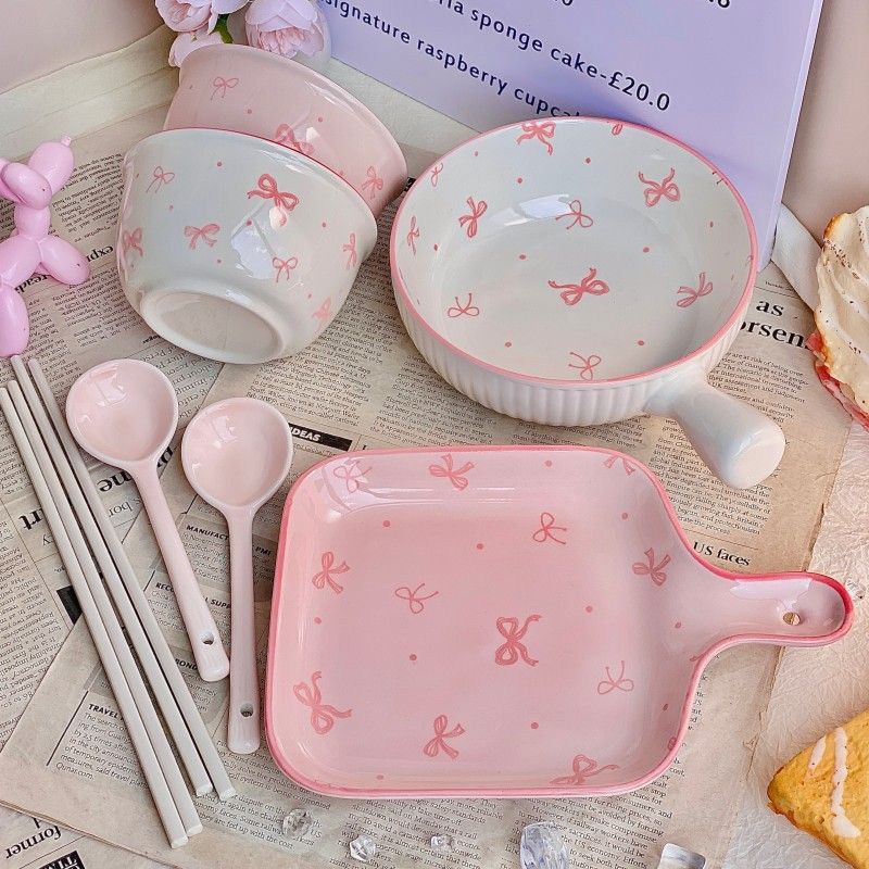 요정핑크활 [손잡이그릇+손잡이접시+그릇2개,숟가락2개,젓가락] 화이트+핑크믹스