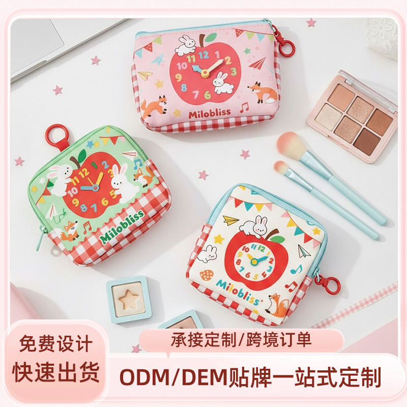 Customized Red Apple Alarm Clock Makeup Bag, Cute Bunny Coin Purse, Girly Heart-Shaped Hanging Buckle Storage Pouch, Adorable and Fun
