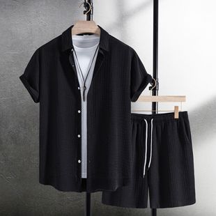 2025 Amazon Cross-border Foreign Trade Summer New Men's Casual Fashion Jacquard Short-sleeved Shirt Shorts suit Men
