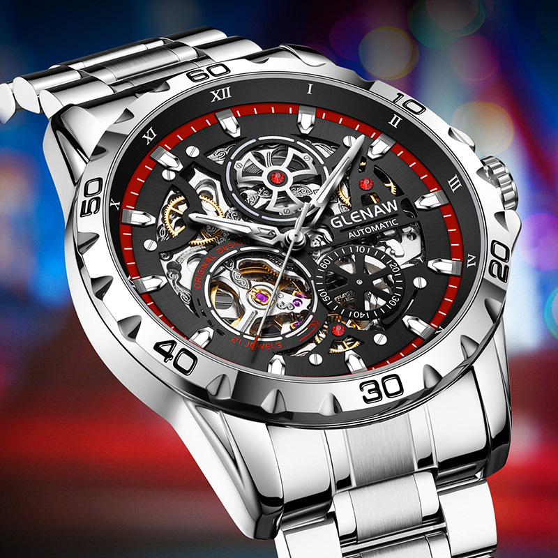 Đồng hồ nam automatic skeleton lộ máy hai mặt phát sáng dây thép