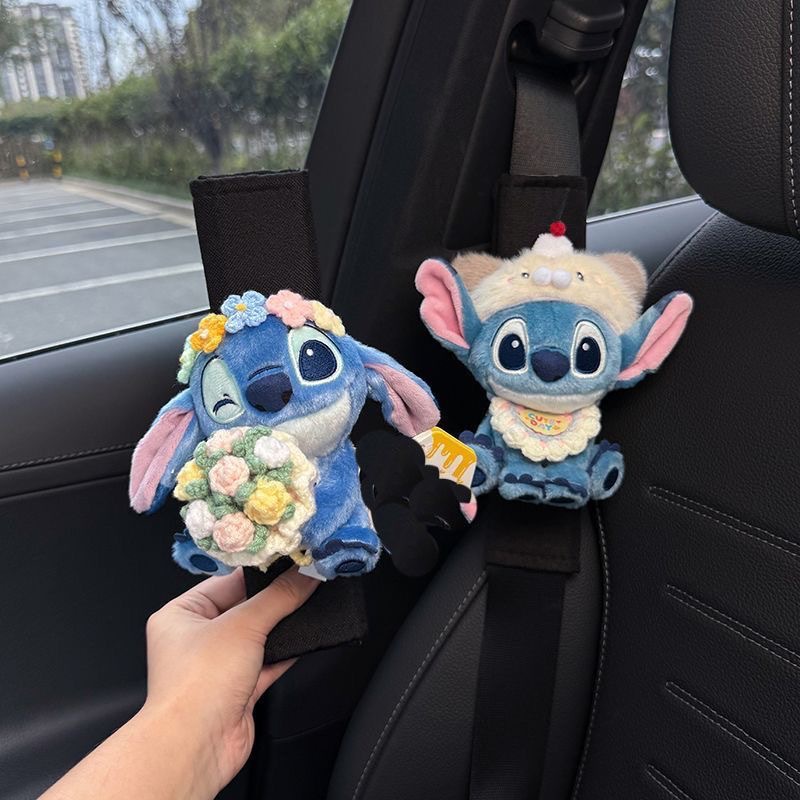 Cute Stitch car seatbelt shoulder pads, a pair of couple car decorations, plush dolls with a high-end feel for women