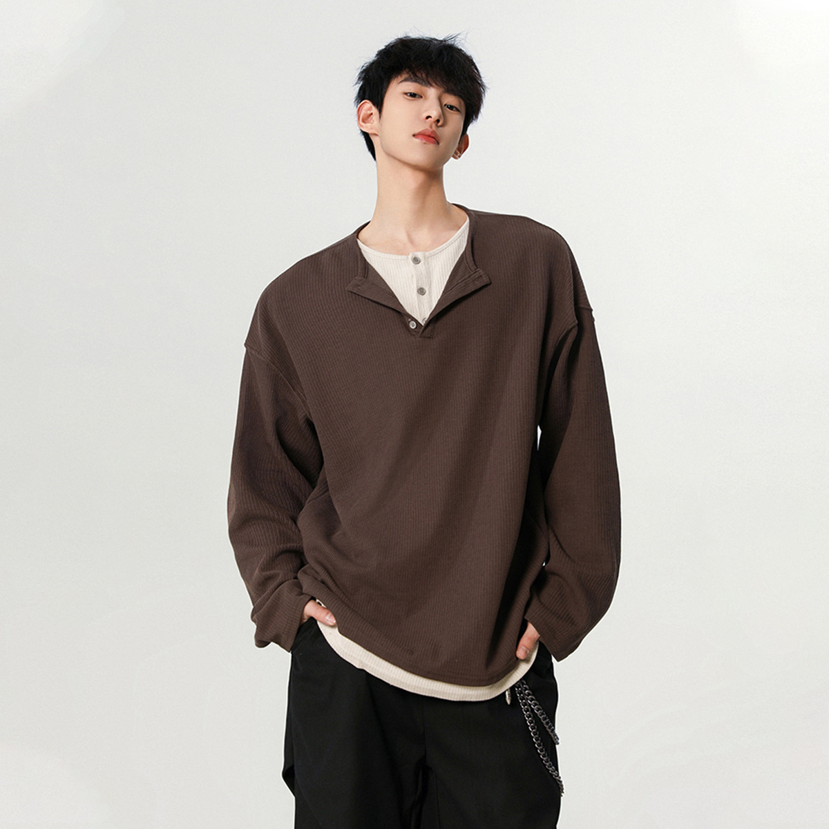 Korean Style High-End Fake Two-Piece Long-Sleeved T-Shirt for Boys Loose Casual Spring and Autum Korean Style Versatile Sweatshirt Bottoming Shirt