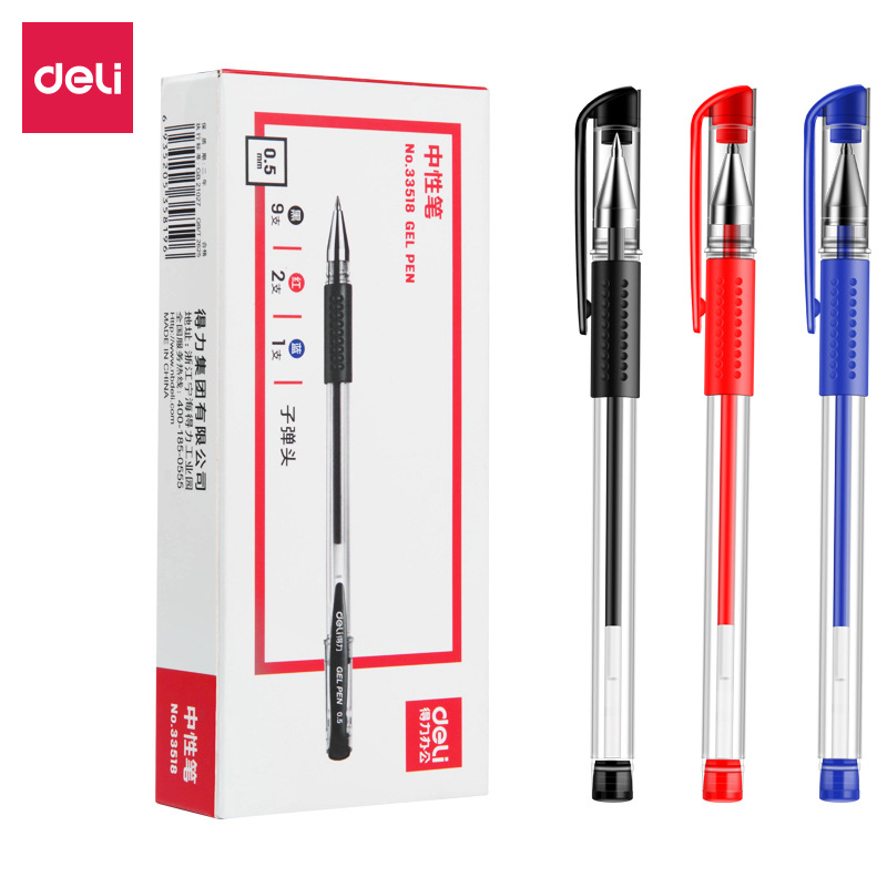 DeLi 33518 mezcla una caja de 12 bolígrafos neutros de bala de 0,5 mm 9 bolígrafos neutros negros 2 rojos 1 azul