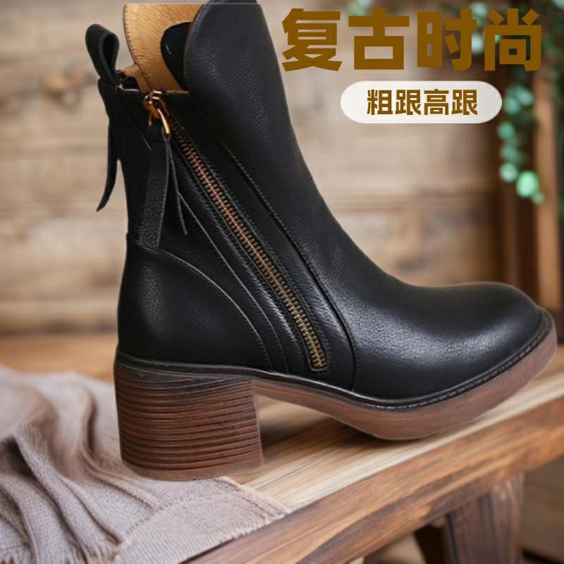 In-Stock Large Size Retro Mid-Calf Side Zipper Martin Boots Cross-Border New European Version Chunky Heel Fashion Trendy Women's Boots