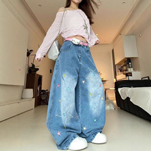 复古高街星星刺绣牛仔裤女2025夏季新款休闲水洗阔腿宽松弯刀裤潮