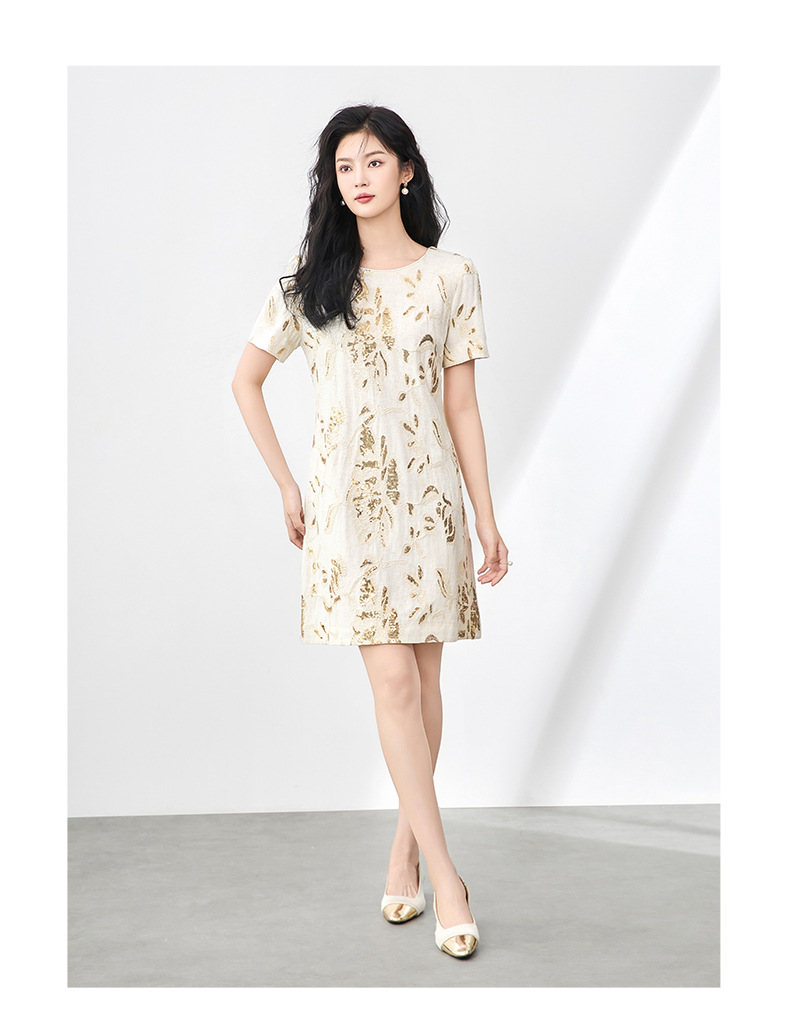 Váy ngắn tay nữ cổ tròn thêu sequin nặng phong cách phương Tây — Màu be chi tiết 10