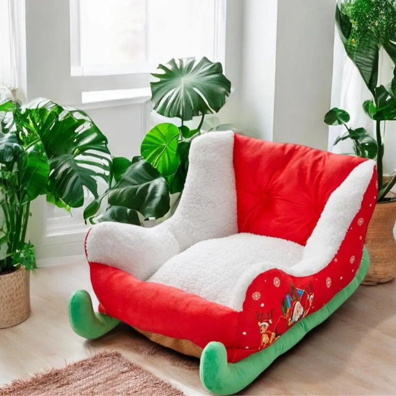 Nido para gatos de trineo navideño Nido redondo de invierno Nido para mascotas para dormir profundo Nido para perros suave y seguro Desmontable y lavable para mantener el calor en invierno