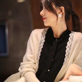 精致一天 撞色精美蕾丝 50羊毛针织衫 飘带可拆卸 毛衣女