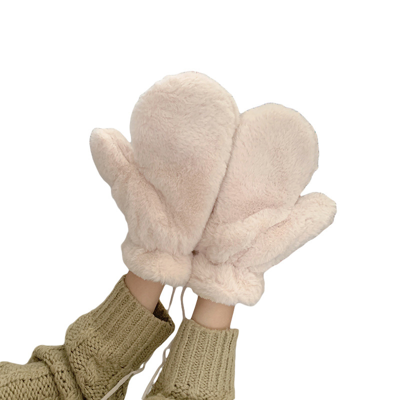Guantes de felpa de dibujos animados de color sólido estilo INS para mujer, guantes gruesos de invierno para ciclismo para estudiantes, forrados con forro polar, cálidos y resistentes al frío, guantes de dedos completos, estilo INS.