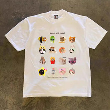 KATMOU  创意涂鸦猫咪印花图案纯棉圆领大码夏季上衣短袖131