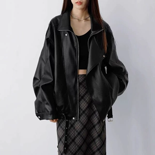 2025秋季新款皮衣女 重工双层领机车夹克皮衣PU水洗皮韩版外套
