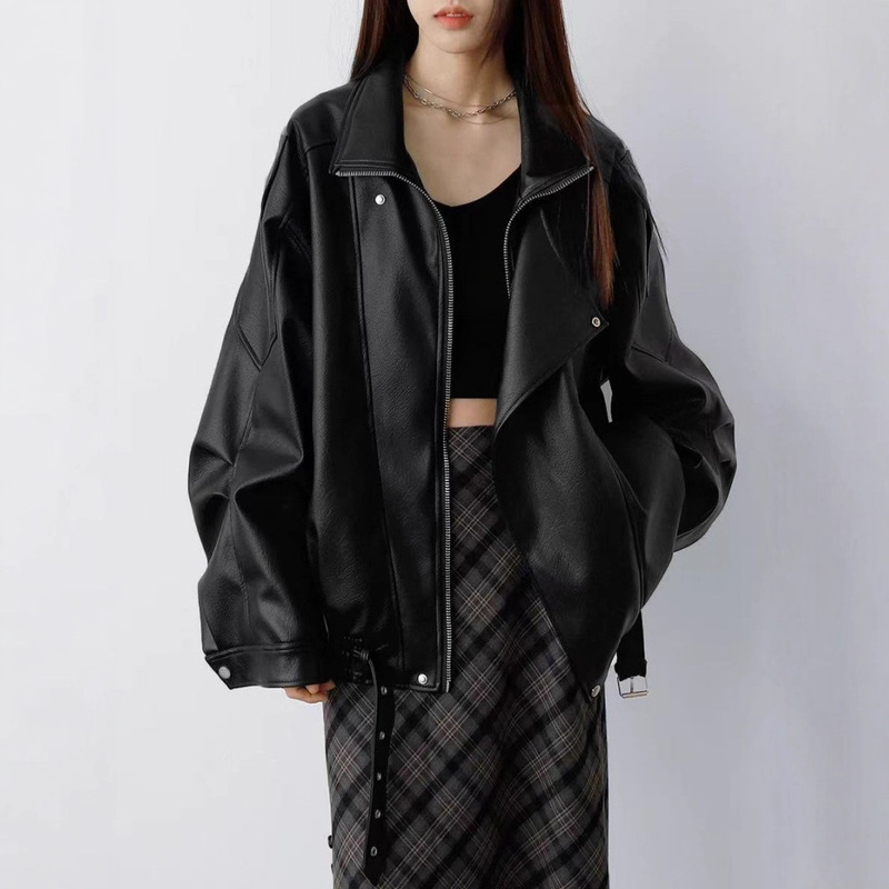 2025 Autumn New Women's Leather Jacket Heavy-Duty Double-Layer Collar Motorcycle Jacket Pu Washed Leather Korean Style Coat