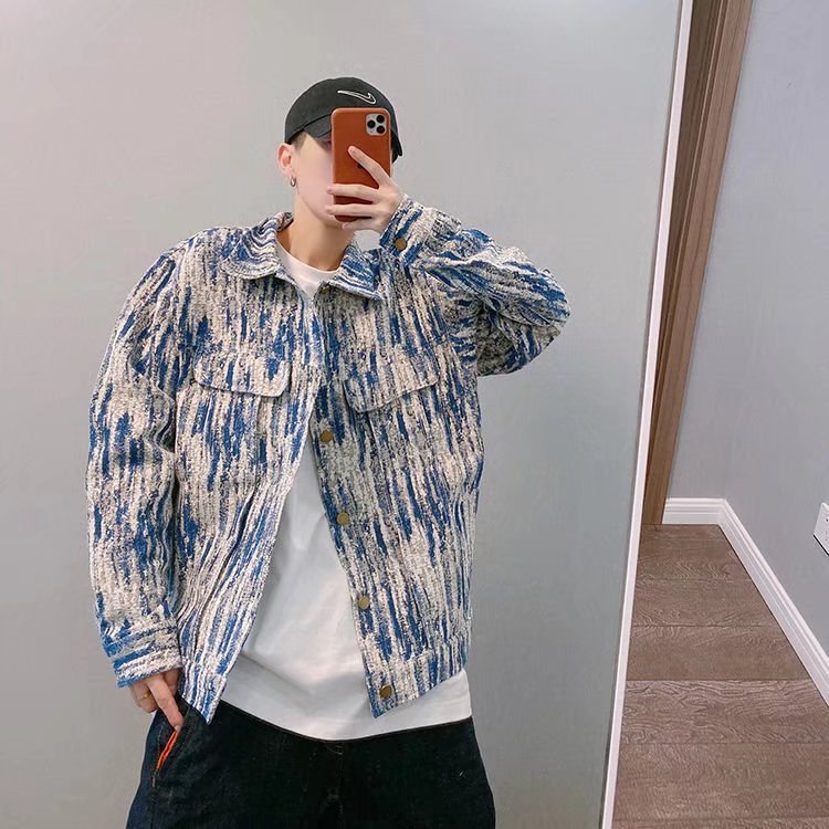 Otoño nueva moda nacional High Street pareja azul y blanco pintura al óleo pesada suelta Chaqueta corta para hombres