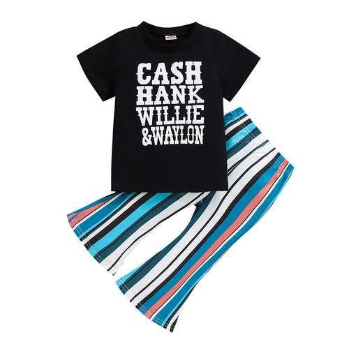 Summer Set for Girls  New Striped Pants Set for Young Children, European and American Style, Short-Sleeve T-Shirts and Casual Pants Set