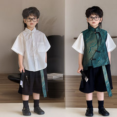 子供のベストセット 2025 夏の新中国風スタンドカラー男の子半袖ショーツ唐装漢服ドロップシッピング
