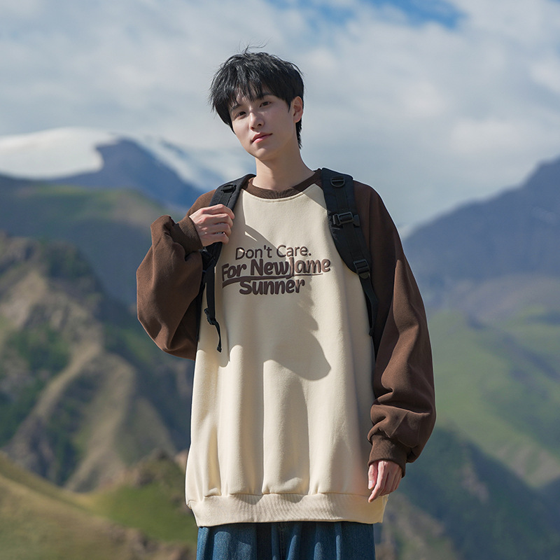 2024 Spring New contrasting round neck hoodie for men's patchwork trendy pullover top_voghion.com