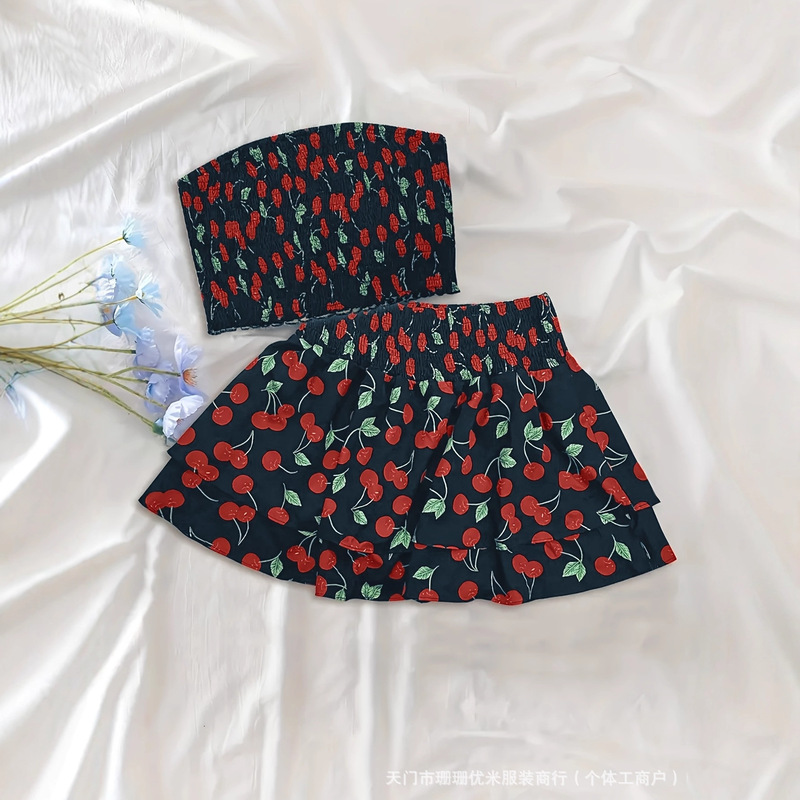 European and American Cross-Border Two-Piece Skirt Set with Off-Shoulder Ruffled Short Top and Mini Skirt W0053 with Rhinestone Elements