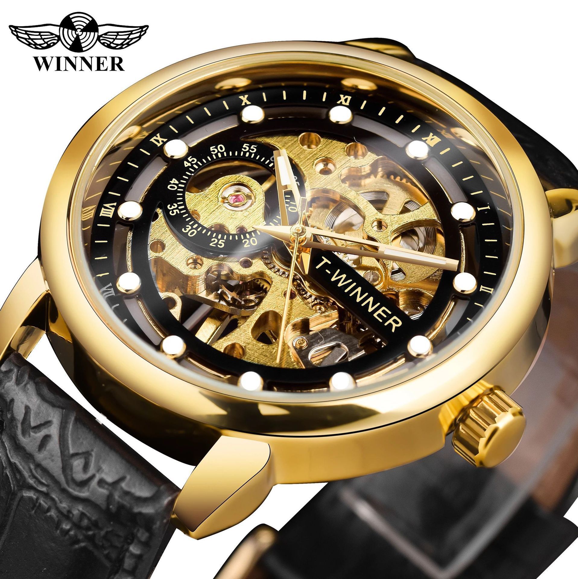T-winner europeo y americano transfronterizo hombres reloj moda hueco transparente impermeable manual reloj mecánico entrega de una sola pieza