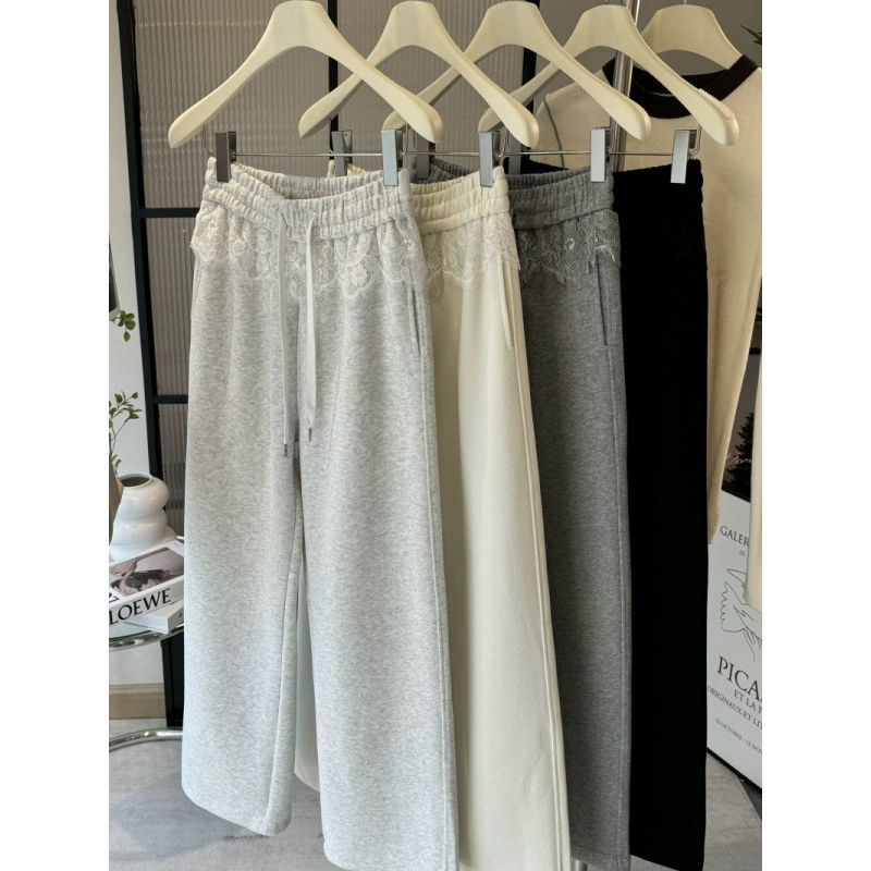 Женские повседневные брюки с высокой талией и кружевными вставками, весна 2025, новые свободные утягивающие универсальные прямые брюки в корейском стиле с завязками