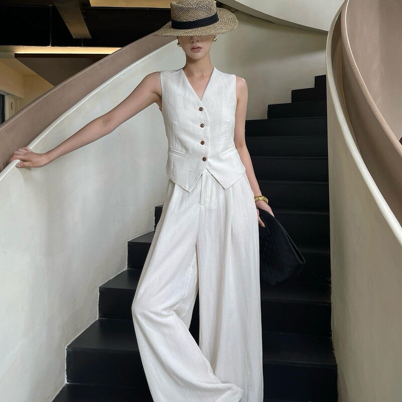 Benview【Exclusively for Physical Stores】Hot-Selling Set for Women: Summer Linen High-End Design Old Money Style Vest and Wide-Leg Pants Benview【Exclusively for Physical Stores】Hot-Selling Set for Women: Summer Linen High-End Design Old Money Style Vest and Wide-Leg Pants