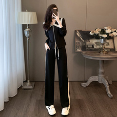 黑色休闲运动套装女春秋季时尚港风高级感海军领卫衣阔腿裤两件套