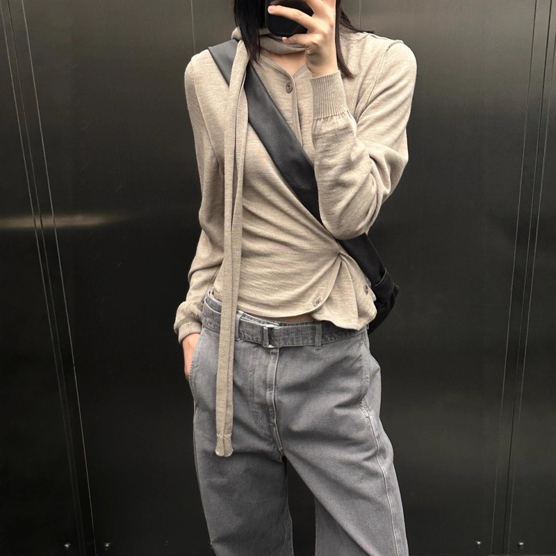 Lem 26Ss Spring/Summer New Style Wool Blend Asymmetric Multi-Way Button Knit Cardigan for Women