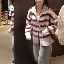 翻领彩虹条纹毛衣减龄百搭针织开衫休闲春秋宽松外套气质欧美女款