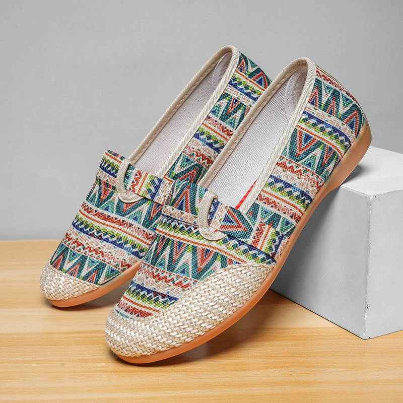 Женская обувь, парусиновая обувь без шнуровки, покрытие средней высоты стопы, повседневная обувь из льняной ткани в этническом стиле, весенне-летняя удобная модная обувь