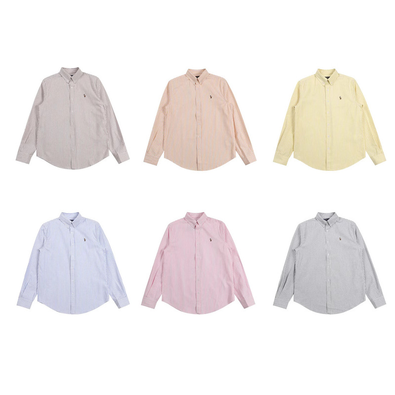 Cross-Border Export Rl Raff Oxford Striped Logo Embroidered Button-Down Lapel Long-Sleeve Casual Shirt in Stock for Dropshipping
