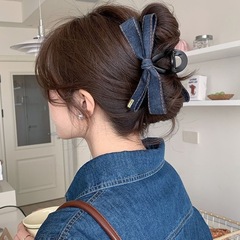 韓国風ファッショナブルなデニムリボンクリップ夏の新しいハイエンドヘアクリップ後頭部大型サメクリップ帽子