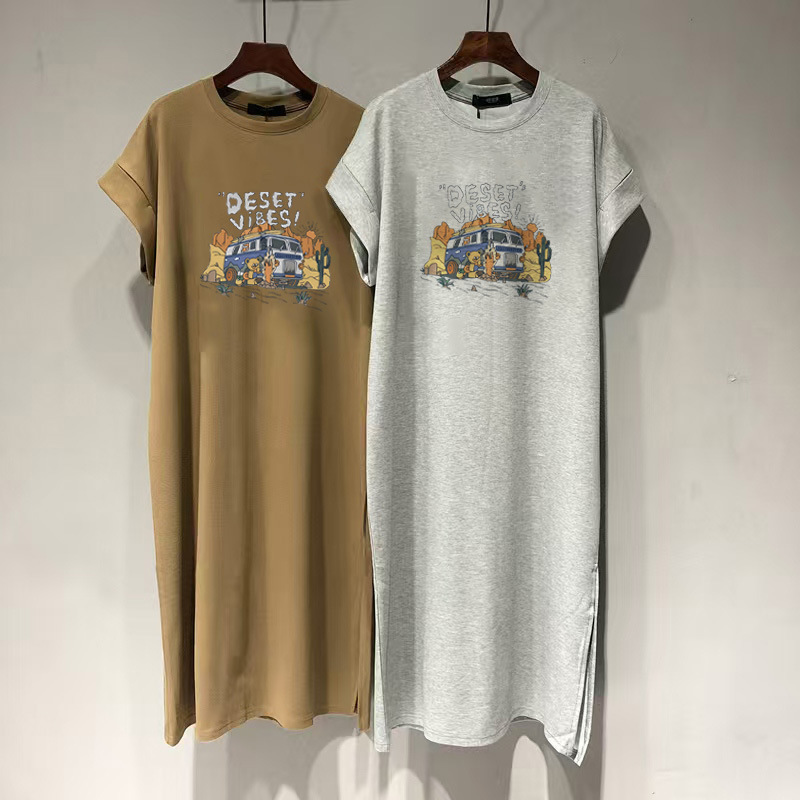 2025 Spring and Summer New plus size Cotton Short-sleeved T-shirt Dress Women's Korean-style Loose Small Flying-sleeved dress Mid-length Dress for Women