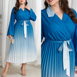 大码新款通勤渐变扎染绑带收腰褶皱中长款长袖连衣裙DRESS