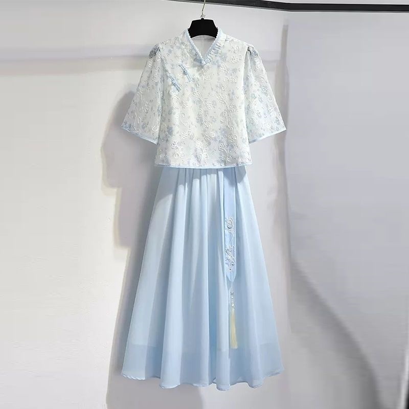 New Summer Hanfu Dress for Women in Song Dynasty Style, New Chinese Retro Style, Fairy-Like Improved Embroidered Skirt Set