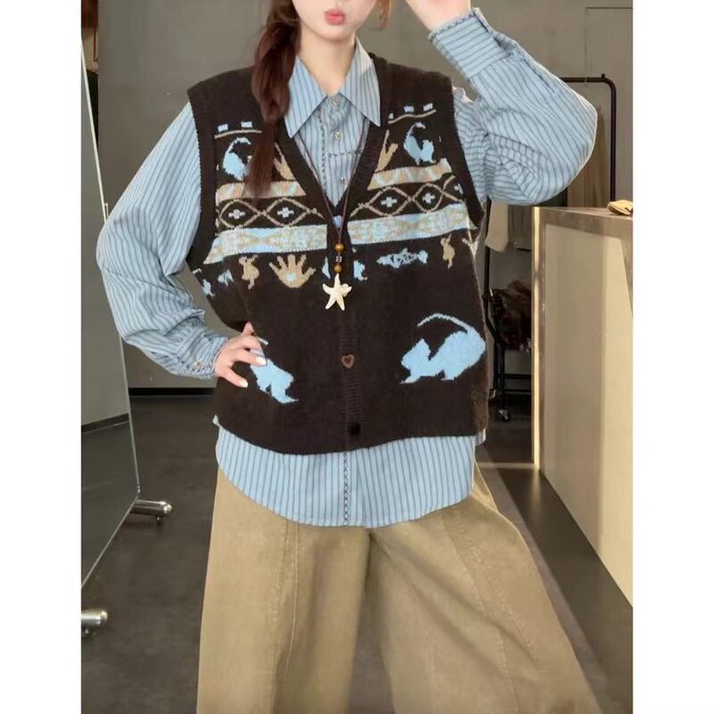 Retro Fair Isle Jacquard Knitted Vest for Women 2026 Autumn and Winter New Korean Style Loose V-Neck Sweater Vest Cardigan